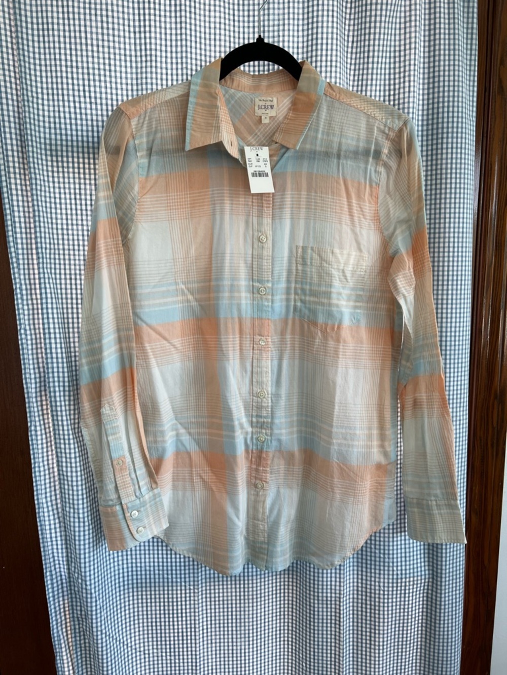 J. Crew Women’s Plaid Button-Down Shirt in Peach and Light Blue